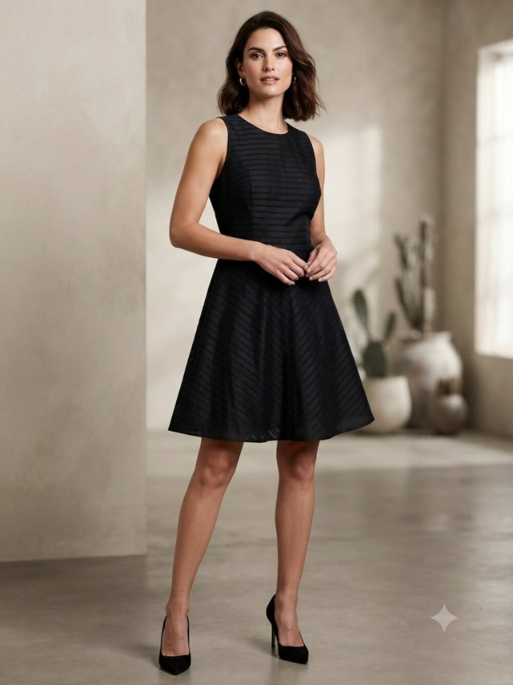 Banana Republic Black Tonal Stripe Fit & Flare Dress Size 8 Sleeveless EUC